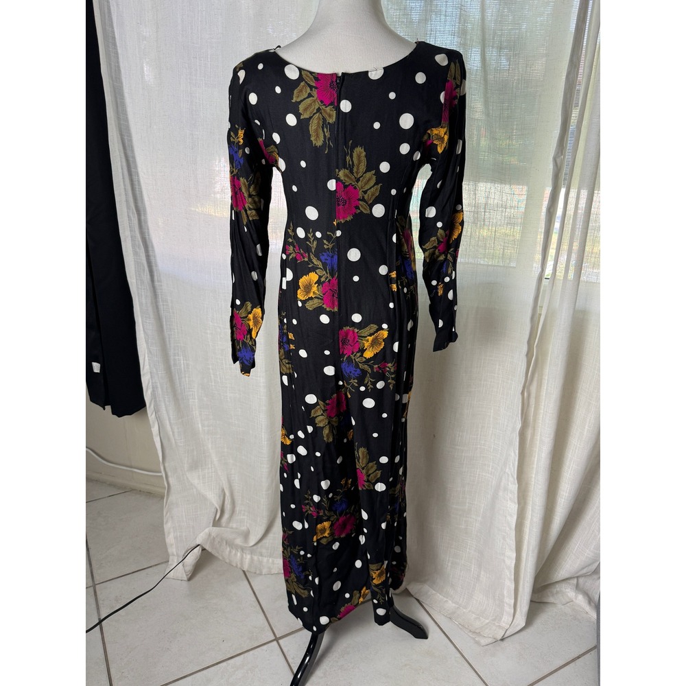 Matty Vintage 90s Black Floral Polka Dot Long Sleeve Maxi Dress Scoop Neck Rayon - Picture 4 of 11
